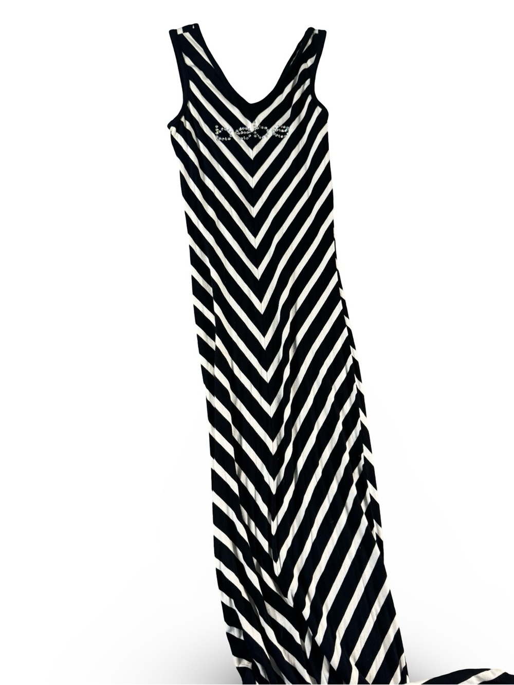 Y2K Sheath Maxi Tank Dress Women Size XS Black Bebe Logo Black & White Chevron - Picture 2 of 10
